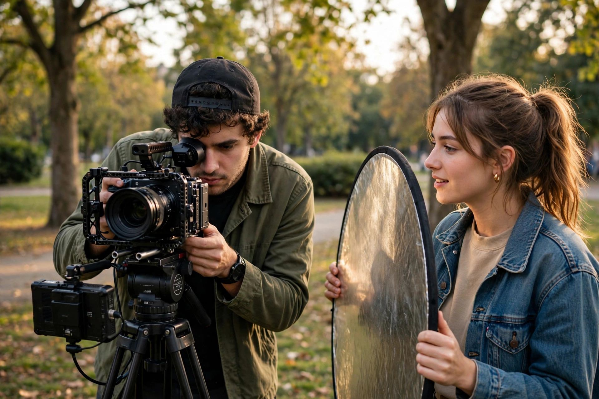 Small indie film crew shooting outdoors in a park