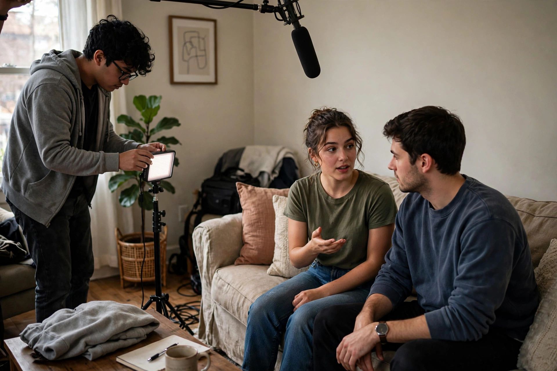 Behind-the-scenes of a simple living room film set with actors and lights