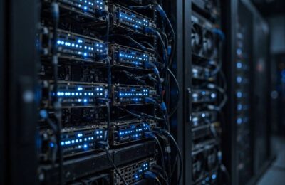 How AI models are trained: close-up of a large GPU server rack glowing in a data center with blue indicator lights