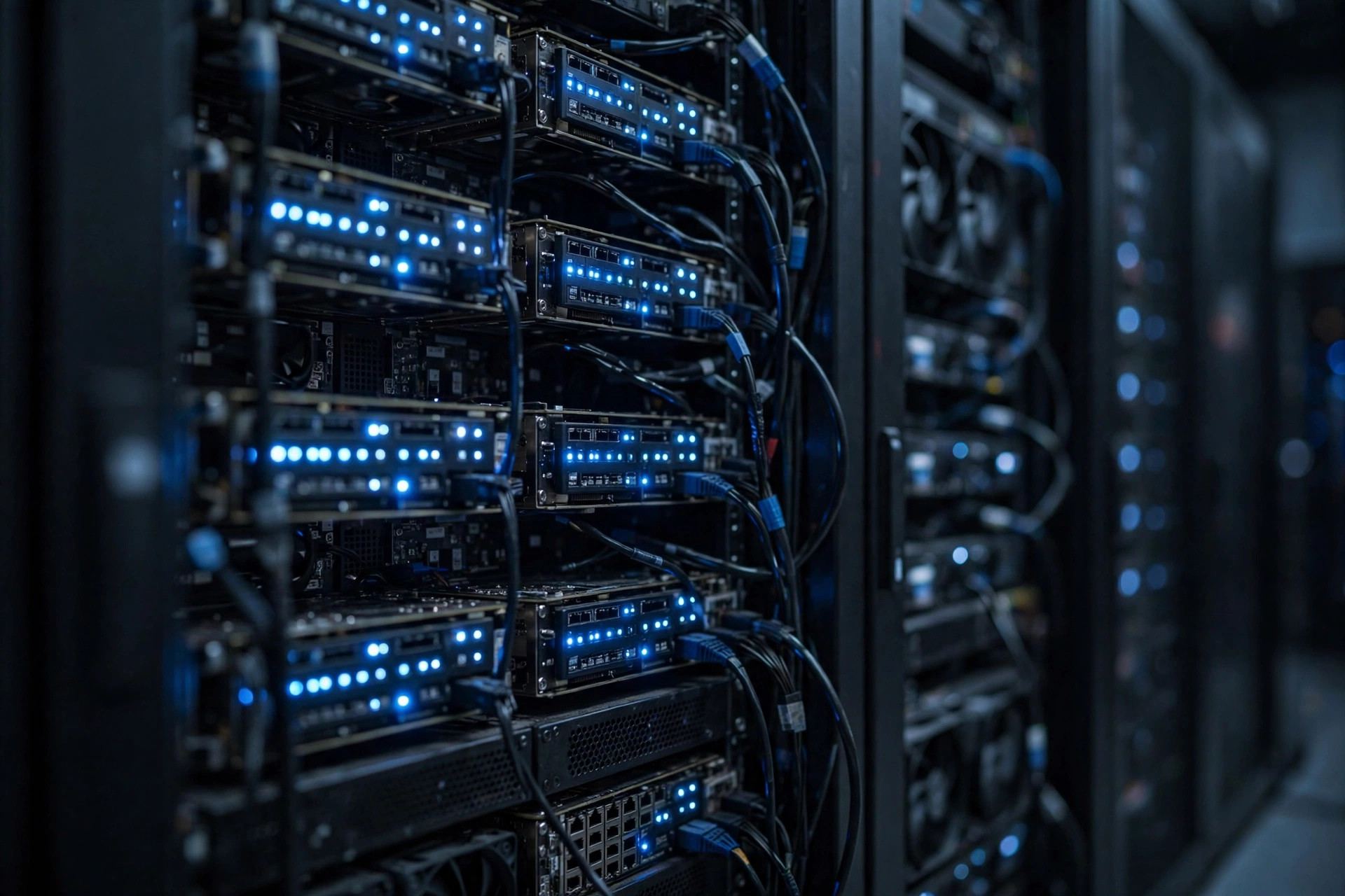How AI models are trained: close-up of a large GPU server rack glowing in a data center with blue indicator lights