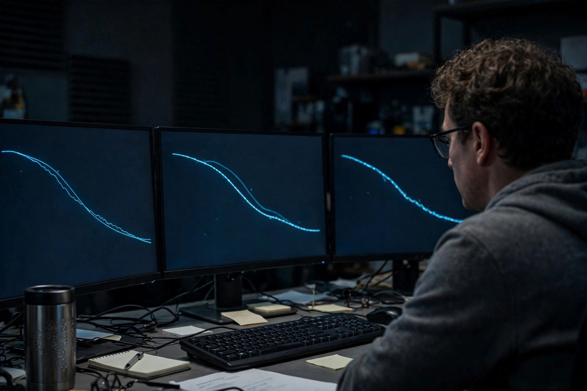 AI training explained: engineer reviewing model training loss curves on multiple monitors in a dark office