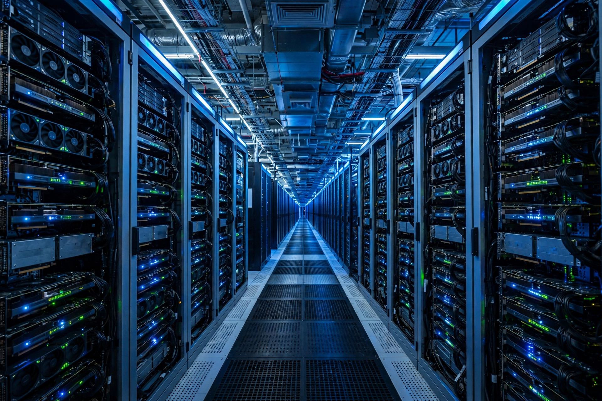 The cost of training AI models: rows of humming GPU servers with blinking lights in a large data center aisle