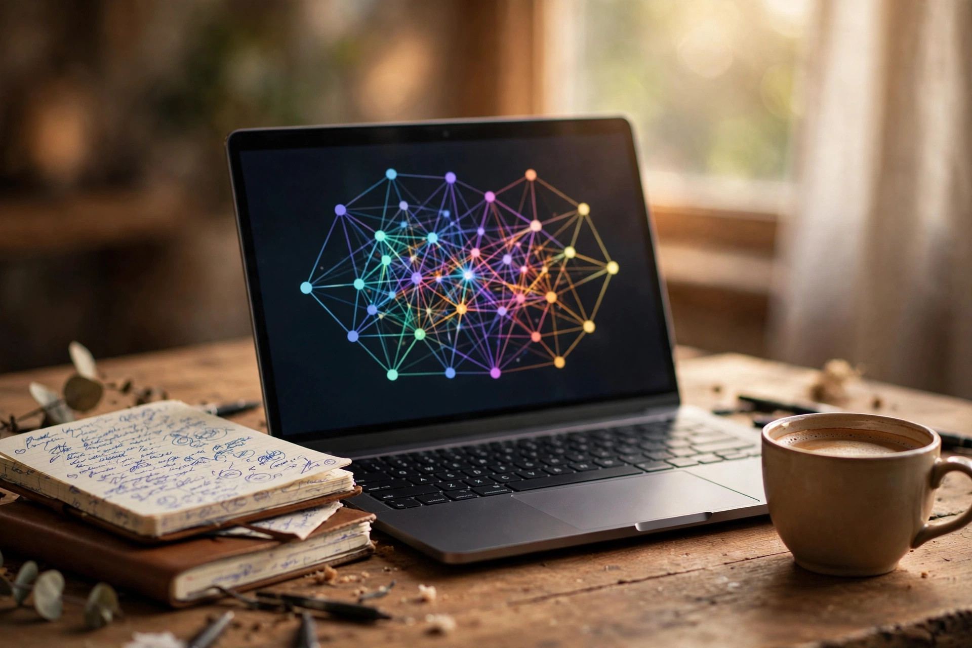 Understanding AI training: open laptop showing neural network diagram beside notebooks on a wooden desk