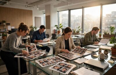 Talent agency office with agents reviewing actor headshots — how do talent agents work