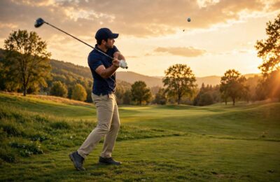 Golfer mid-swing on a fairway — how does golf scoring work