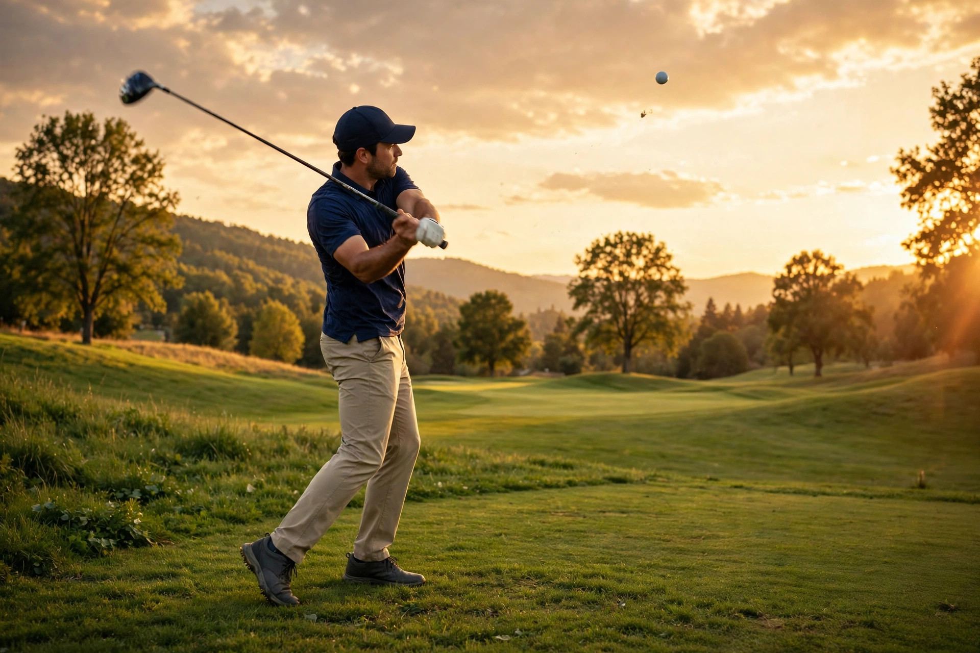 Golfer mid-swing on a fairway — how does golf scoring work