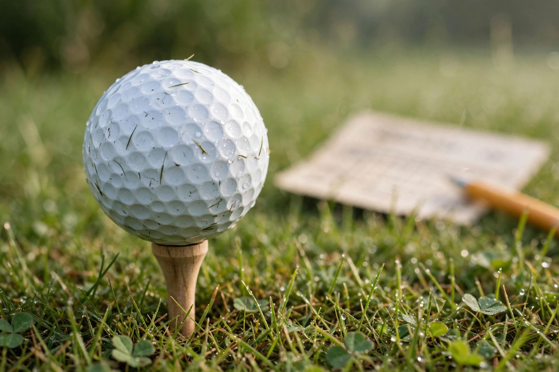 Golf ball on a tee with a scorecard — tracking strokes in golf scoring