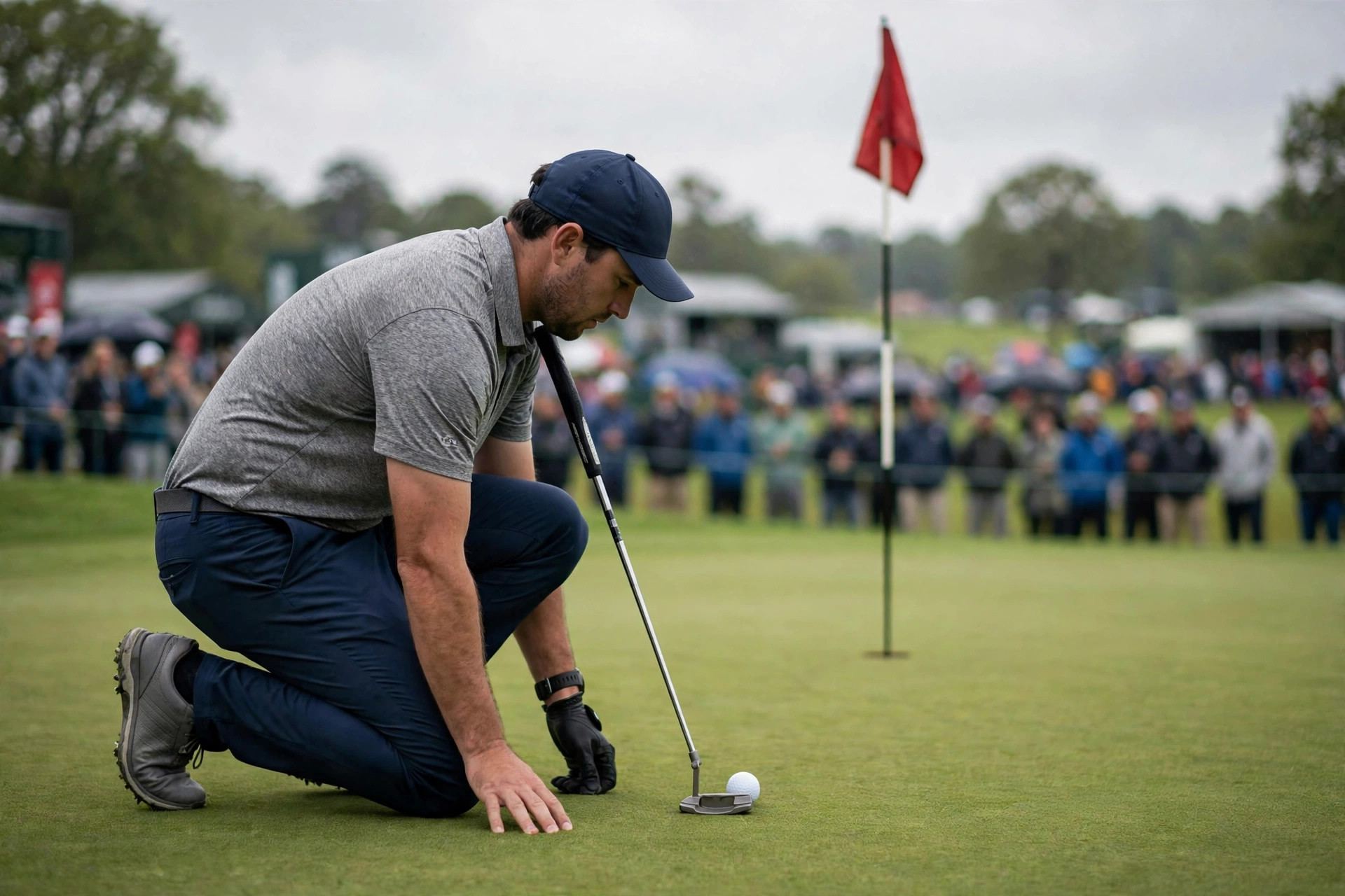 Golfer lining up a putt on the green during tournament play
