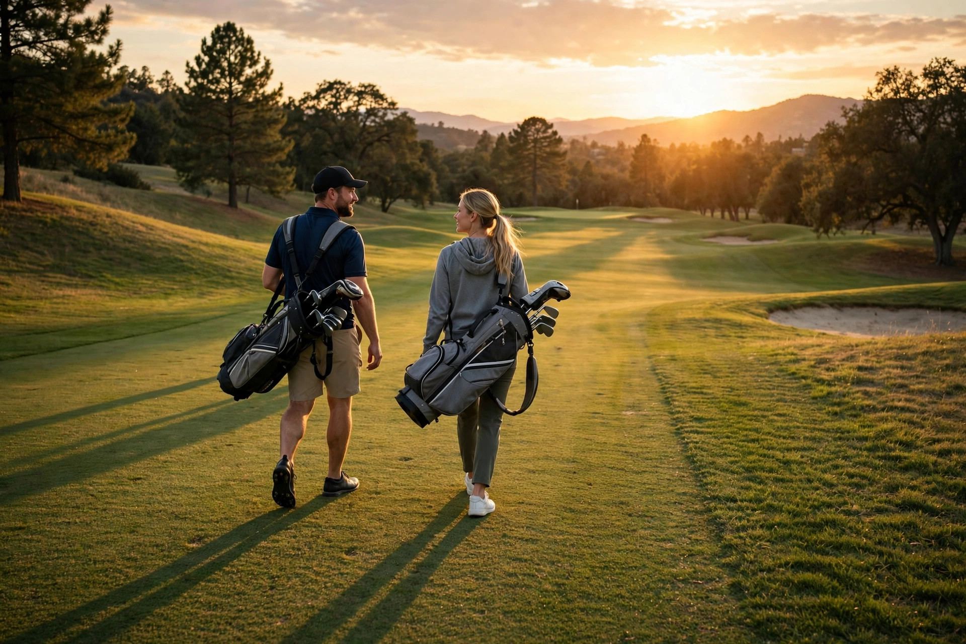 Two golfers walking the fairway at sunset after a round