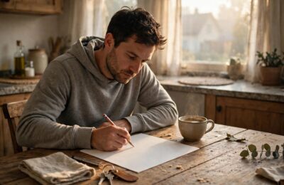 How to become an entrepreneur: founder sketching a business plan on paper at a kitchen table early in the morning