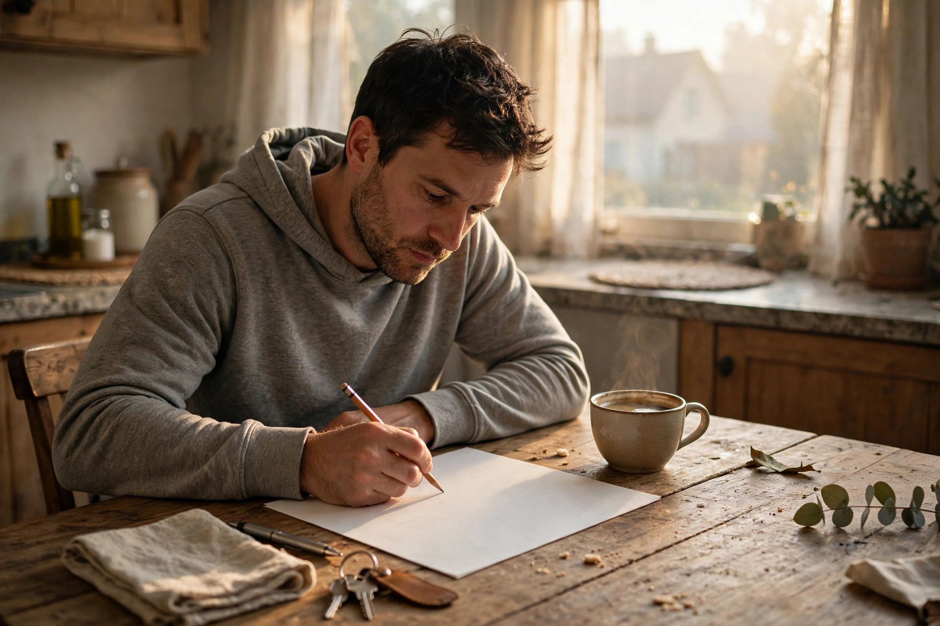 How to become an entrepreneur: founder sketching a business plan on paper at a kitchen table early in the morning