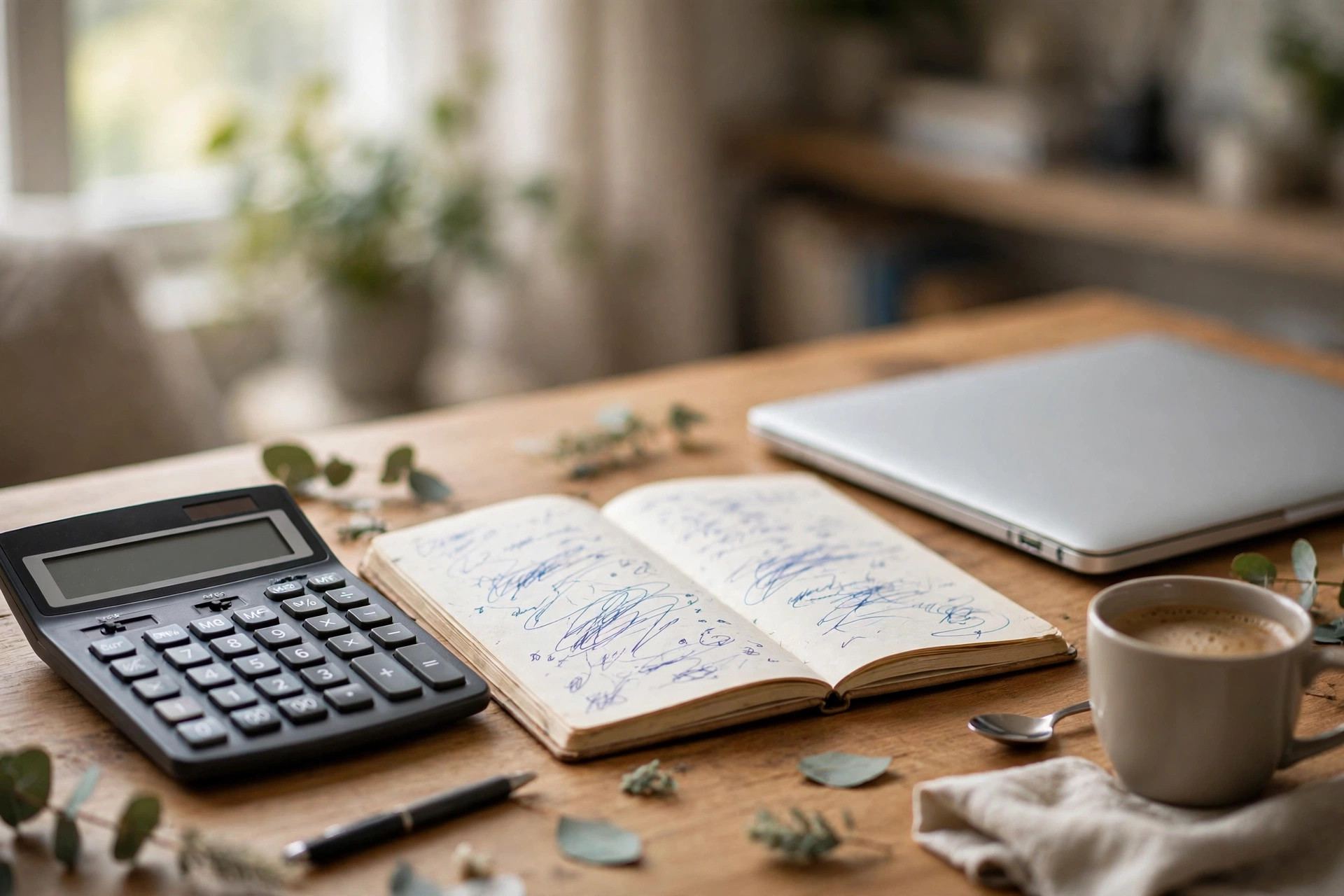 Entrepreneur runway math: calculator, notebook with budget figures, and coffee on a desk beside a laptop