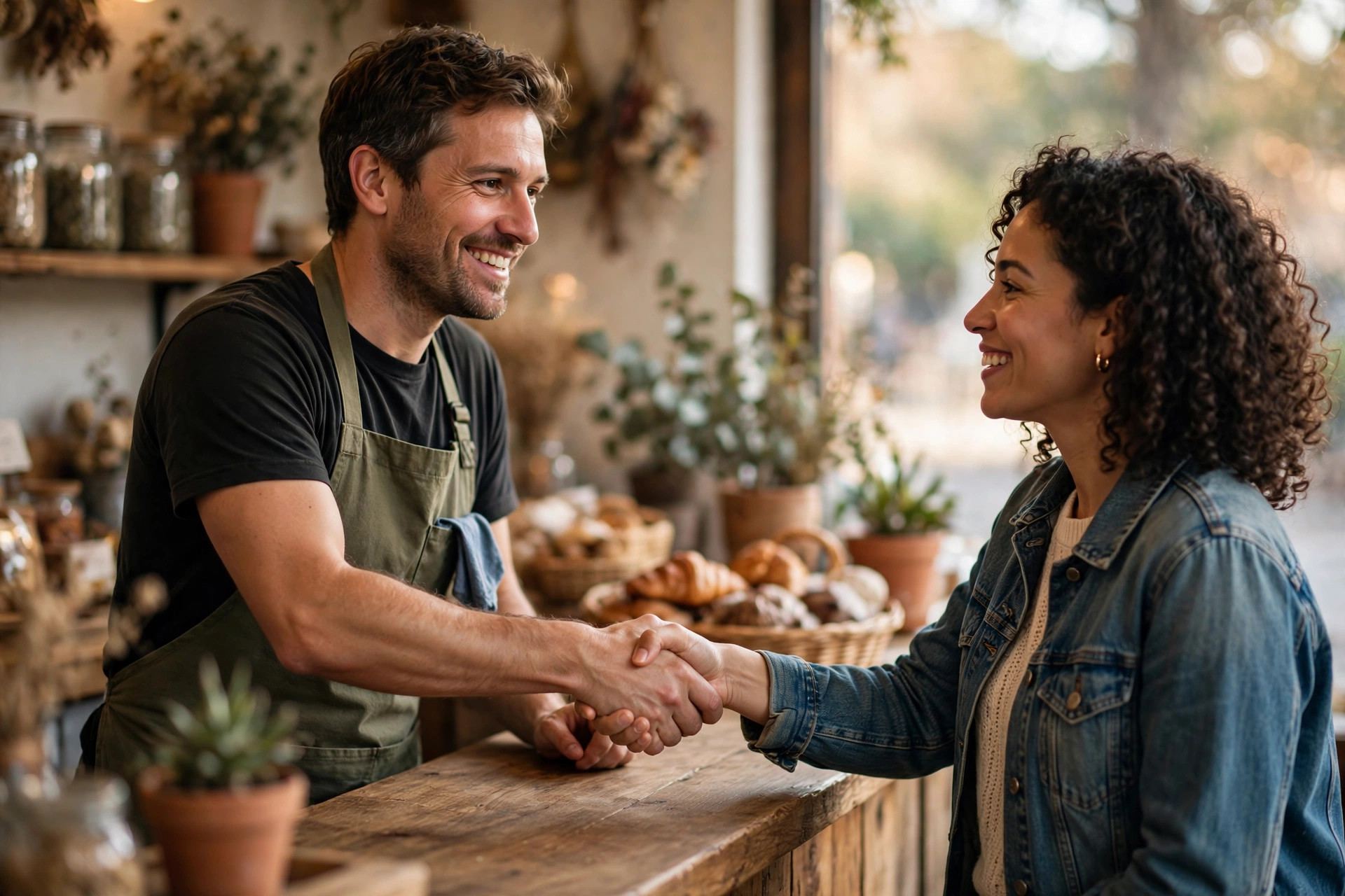 First paying customers: small business owner shaking hands with a client across a shop counter