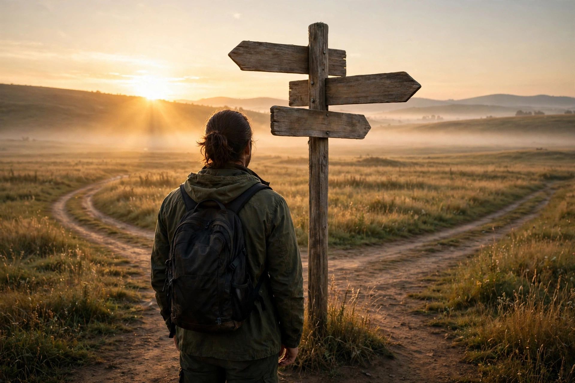 Entrepreneur journey: person standing at a crossroads signpost at sunrise symbolizing business decisions