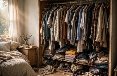 Overstuffed closet before decluttering — how to declutter your closet