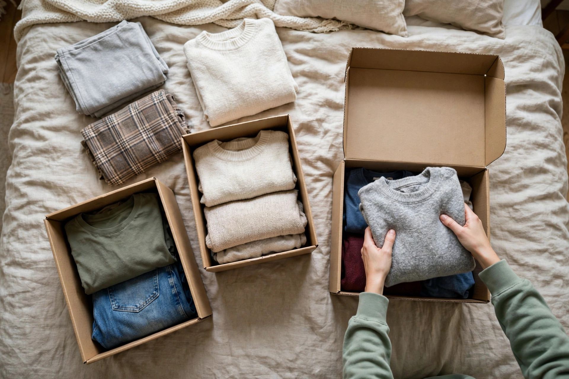 Sorting clothes into keep, let-go and maybe piles while decluttering a closet