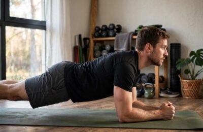 Man holding a forearm plank with straight body alignment, side view — how to do a plank correctly