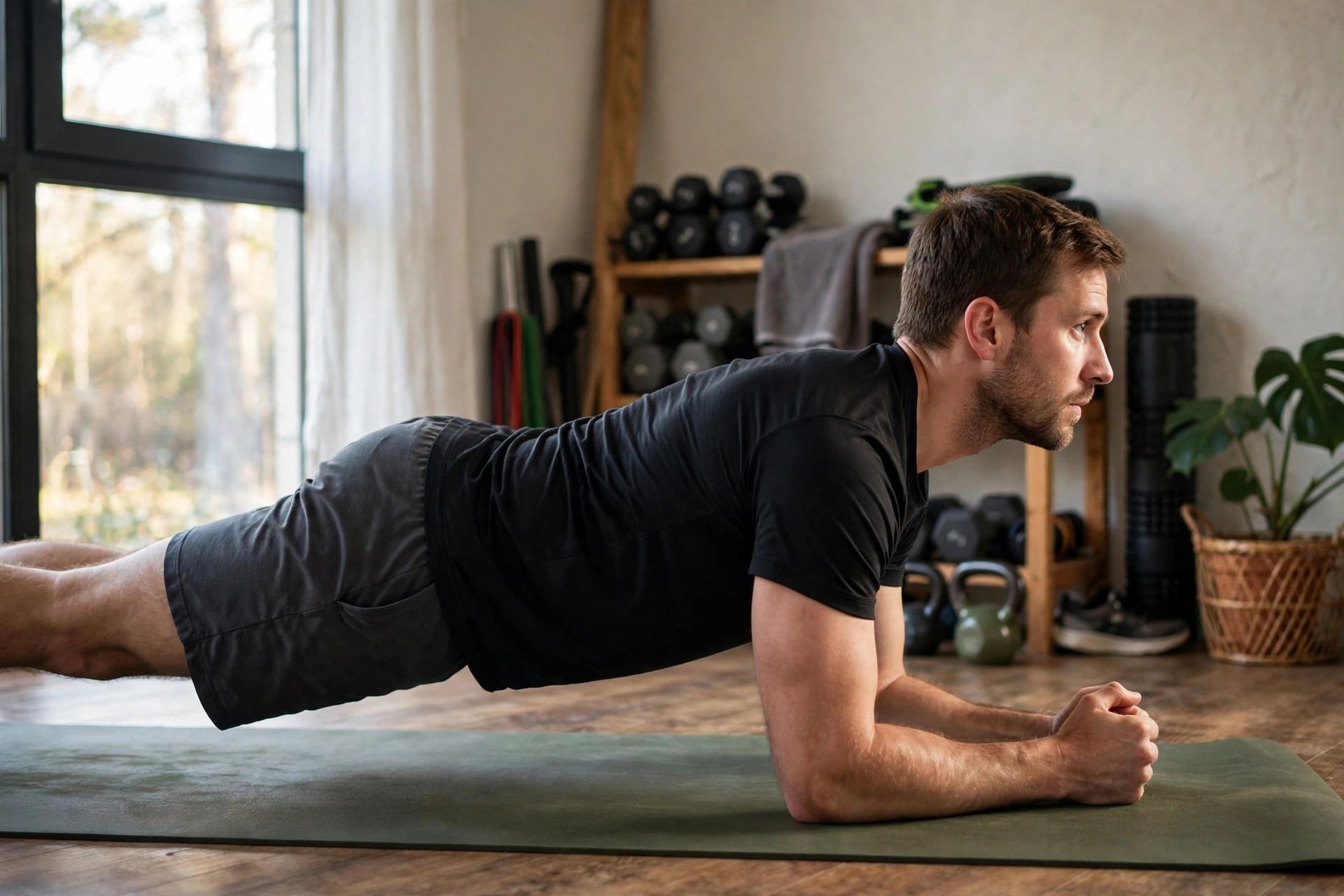 Man holding a forearm plank with straight body alignment, side view — how to do a plank correctly