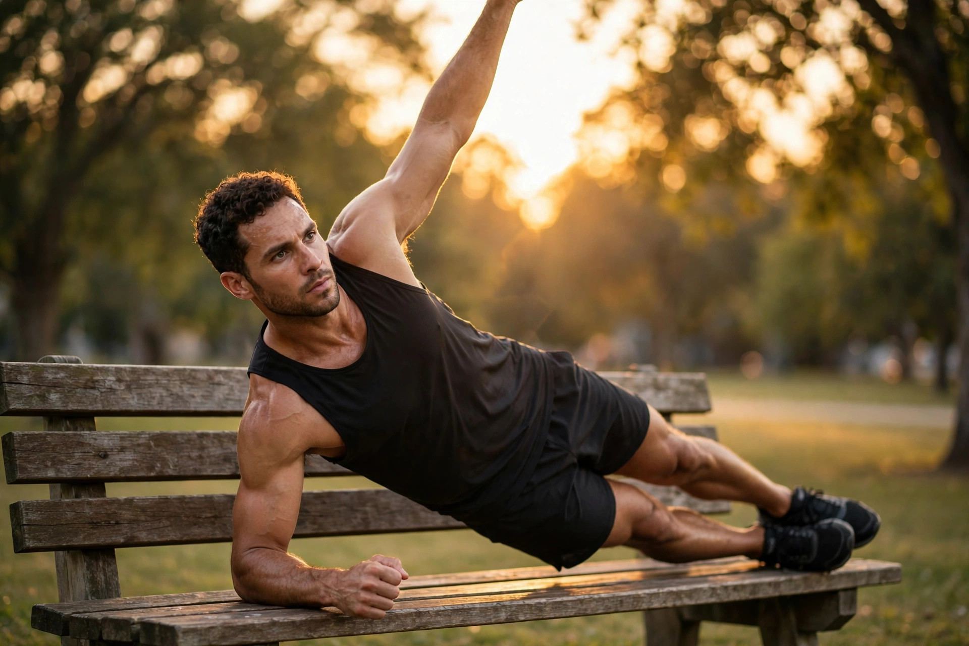 Athlete holding a side plank on a park bench at golden hour — plank variation for obliques