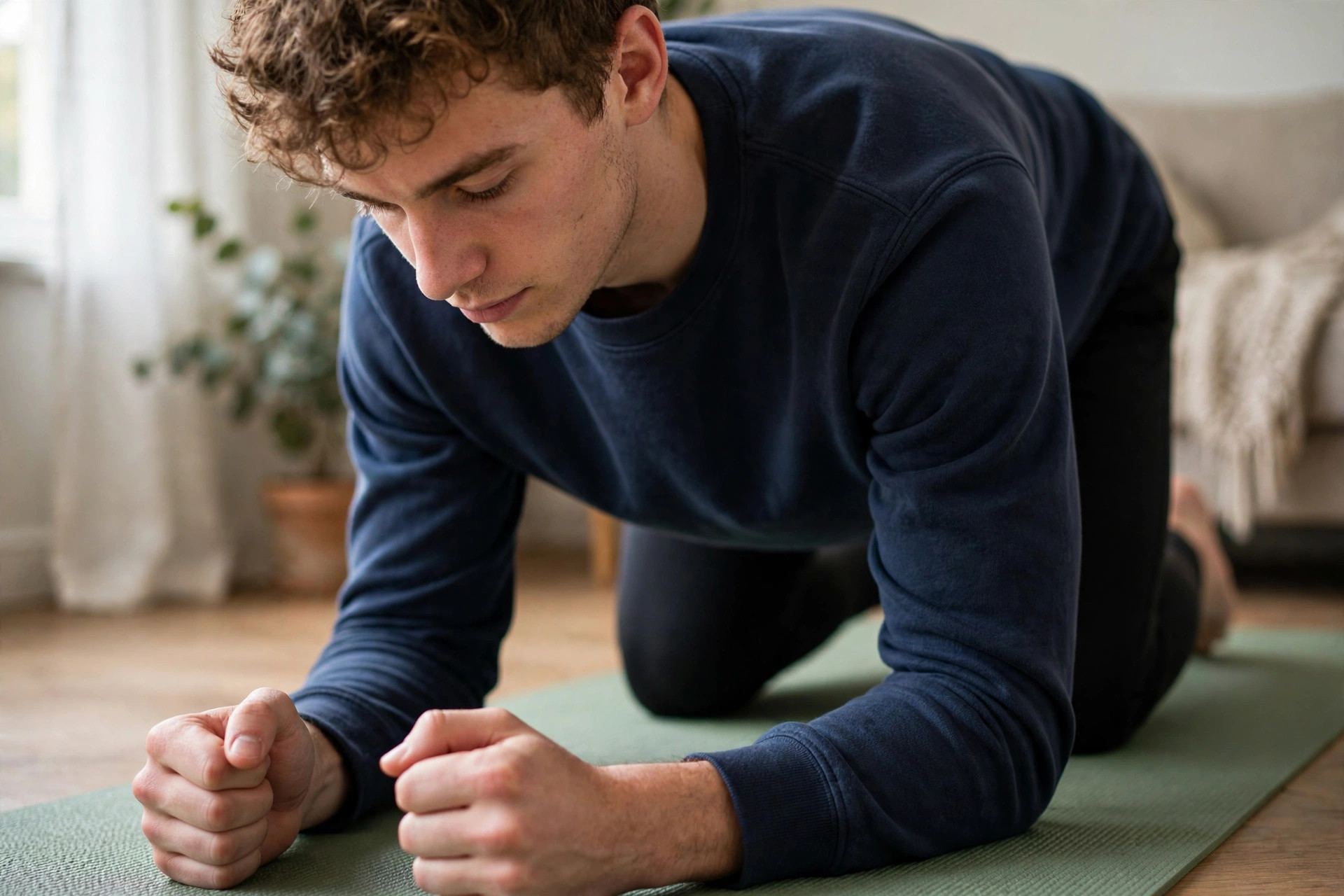 Beginner holding a knee plank at home — easier plank variation for learning how to do a plank correctly