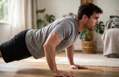 Man in the top position of a push-up with perfect form — how to do push ups