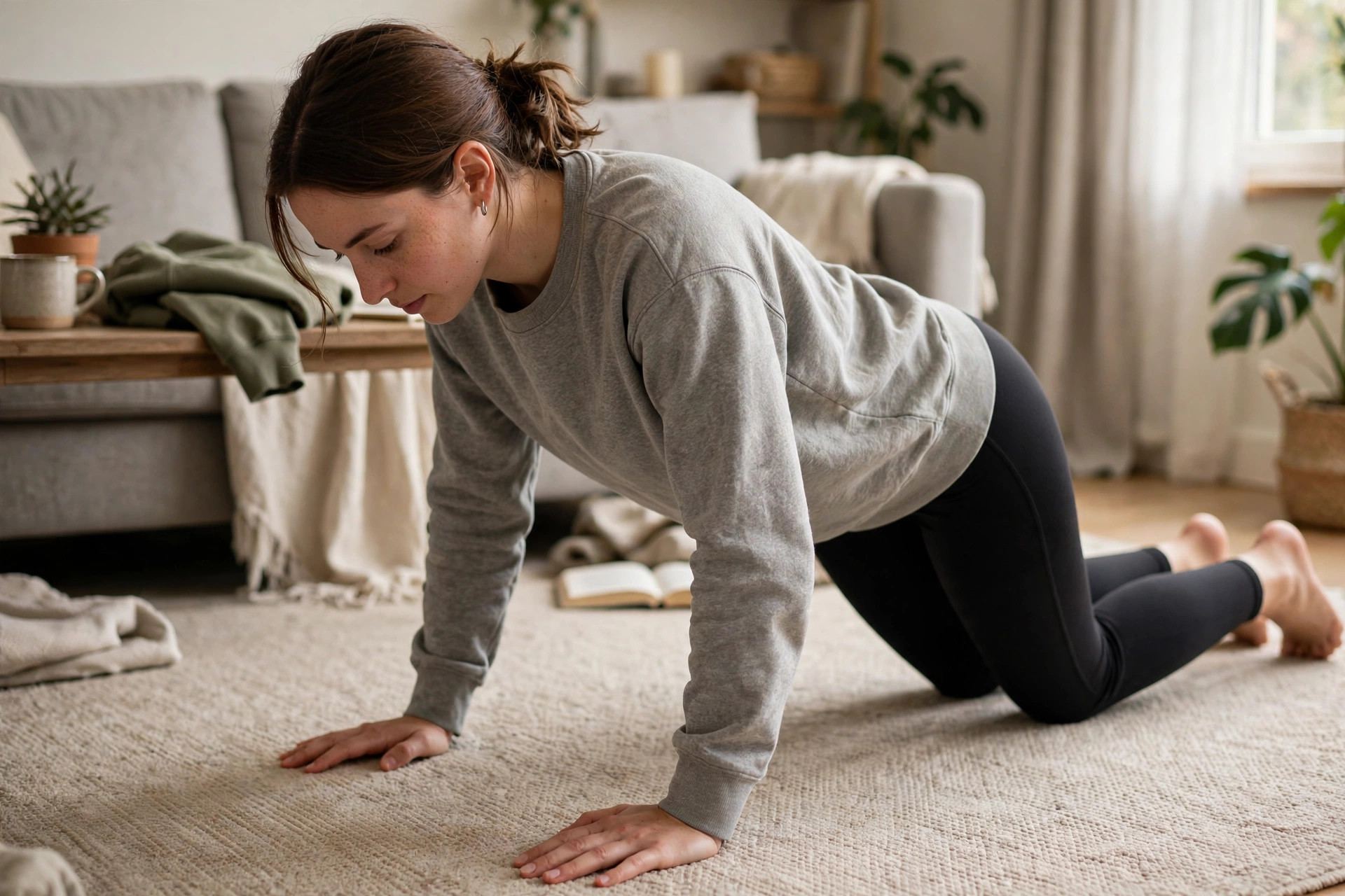 Beginner doing knee push-ups at home — easier push-up variation for learning how to do push ups