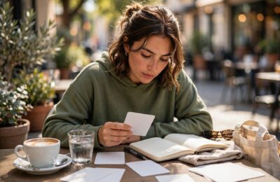 How to learn a new language faster: person studying Spanish vocabulary with flashcards and a notebook at a cafe