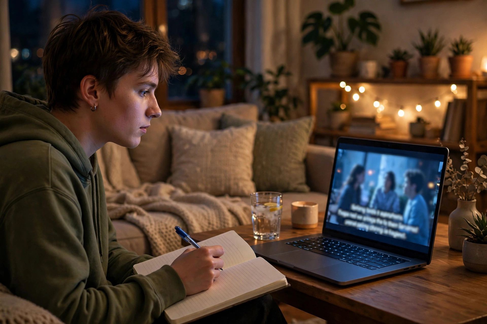 Comprehensible input: learner watching a foreign language show with subtitles on a laptop at home