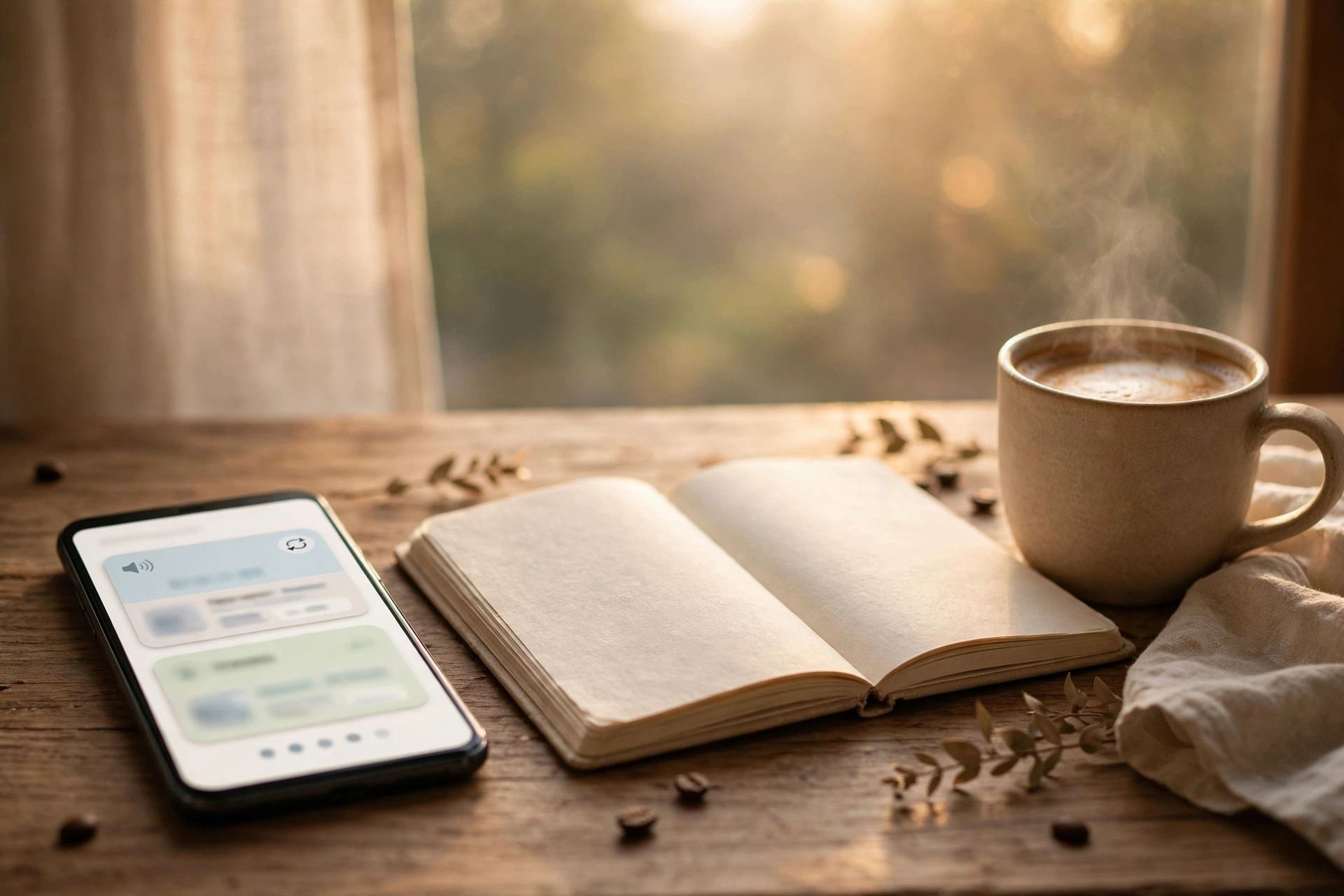 Daily language system: smartphone with language flashcards beside a notebook and coffee on a morning desk