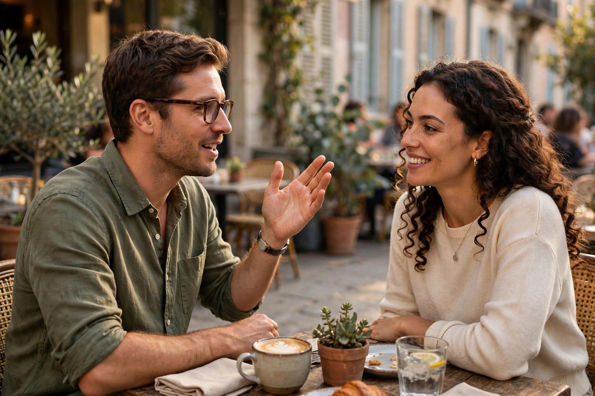 Language learning success: two people having a conversation in a foreign language at an outdoor cafe
