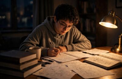 How to study for final exams: student studying at a desk at night with textbooks, notes, and a desk lamp