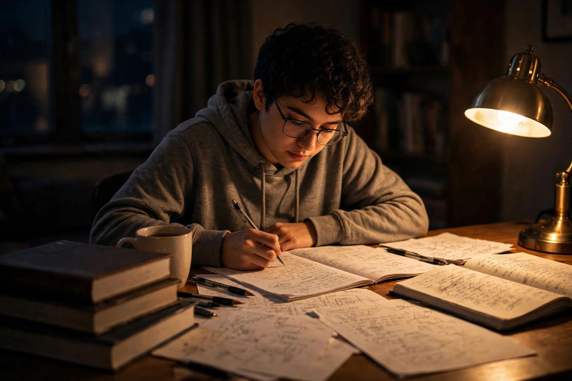 How to study for final exams: student studying at a desk at night with textbooks, notes, and a desk lamp