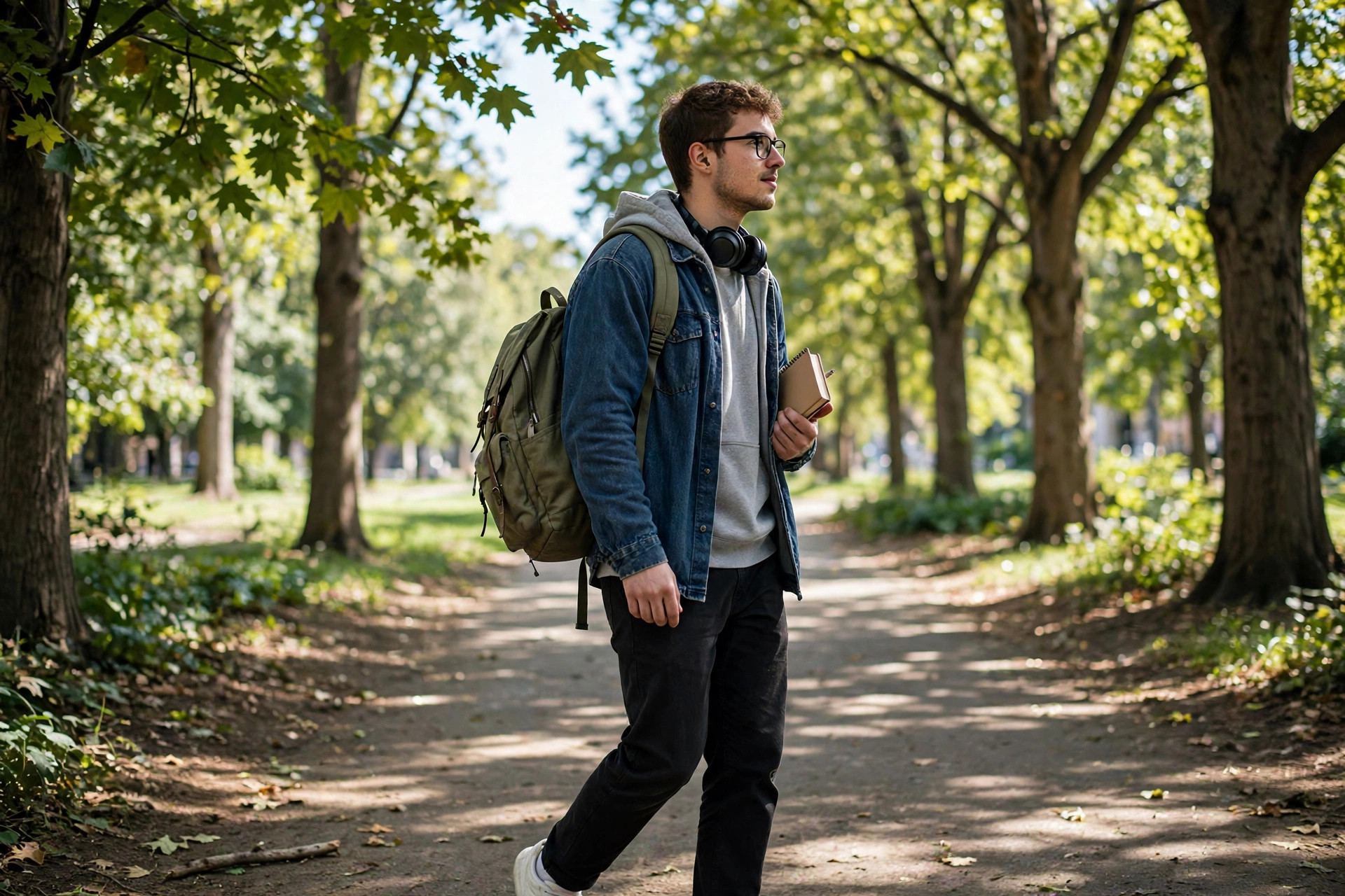 Healthy study breaks: student taking a walk outdoors between study sessions with a backpack
