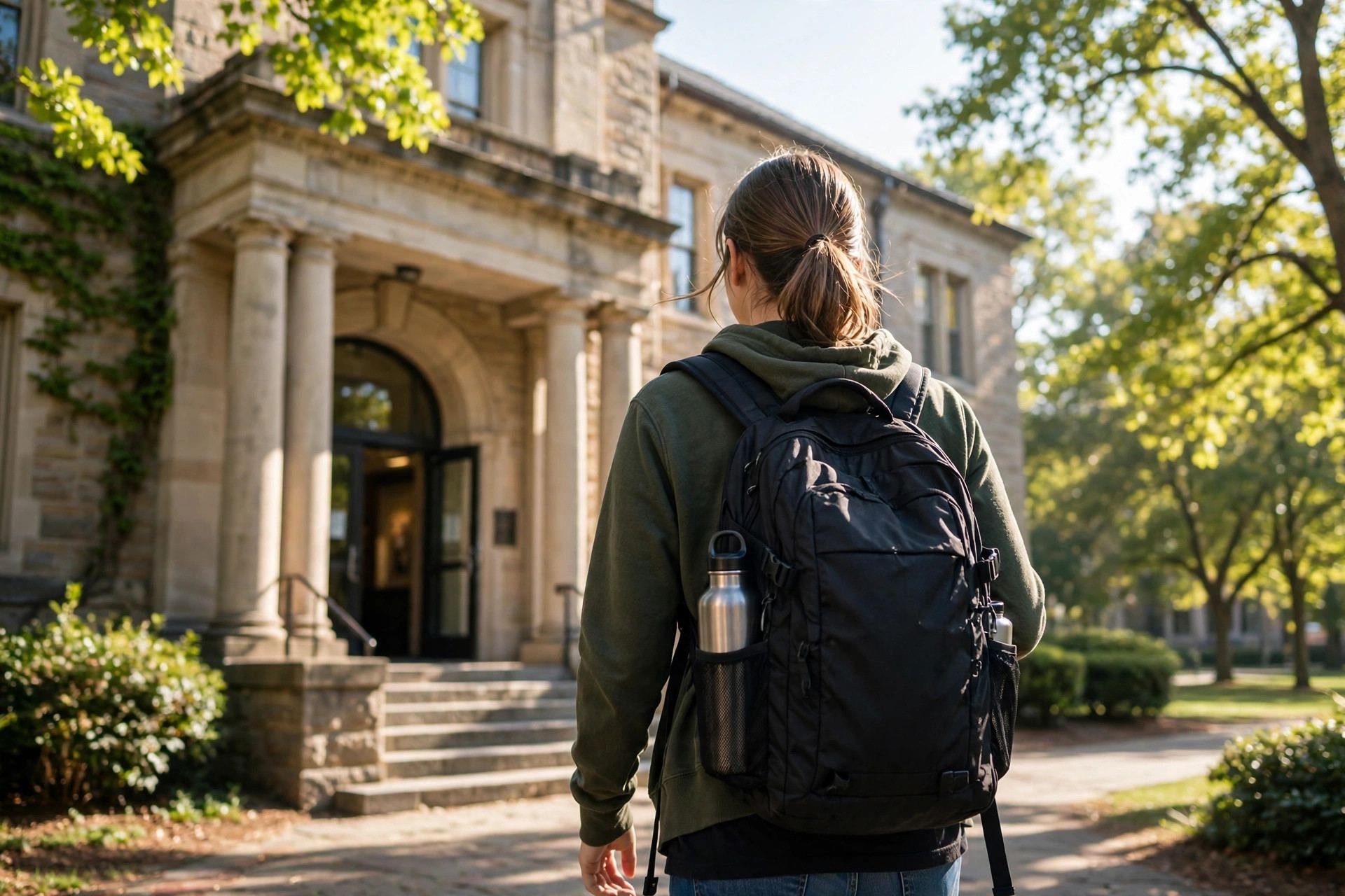 Exam day confidence: student walking into a university building on a bright morning with a backpack