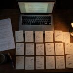 How to Write a Screenplay: The Complete Beginner Guide Writer's desk with a laptop, index cards, and a script outline for writing a screenplay