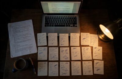 Writer's desk with a laptop, index cards, and a script outline for writing a screenplay