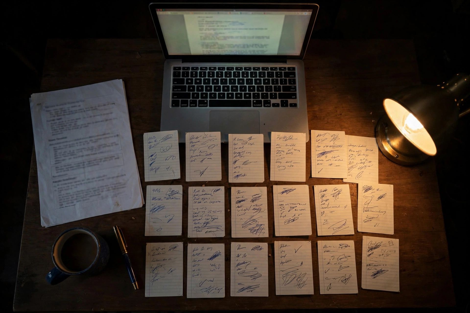 Writer's desk with laptop, index cards, and script outline