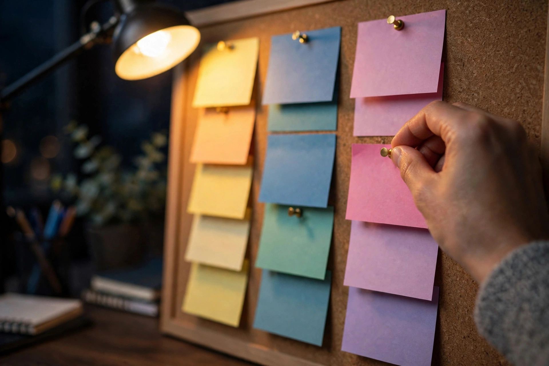 Index cards pinned to a corkboard story wall in three acts