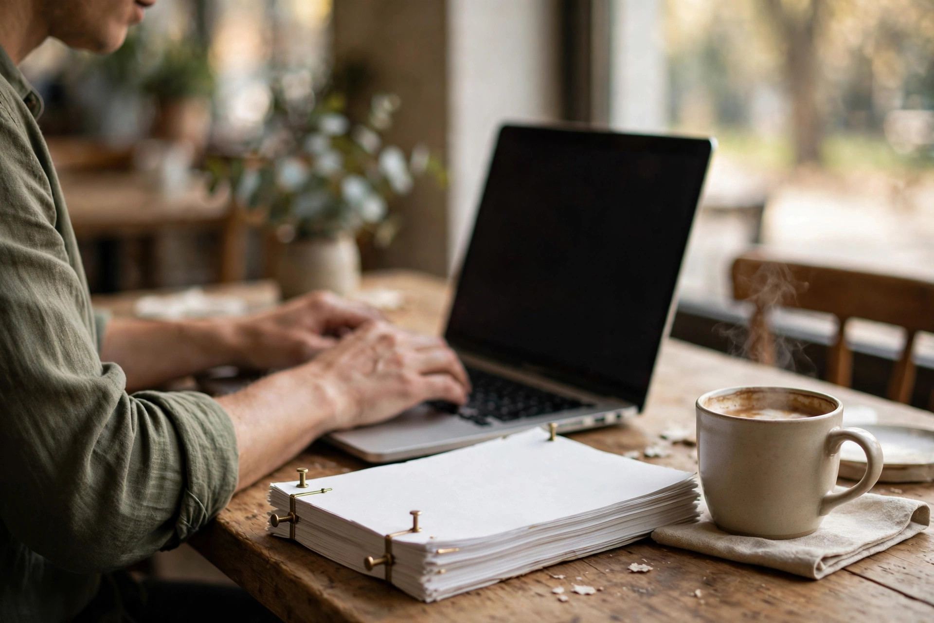 Writer typing on a laptop in a cafe with printed script pages