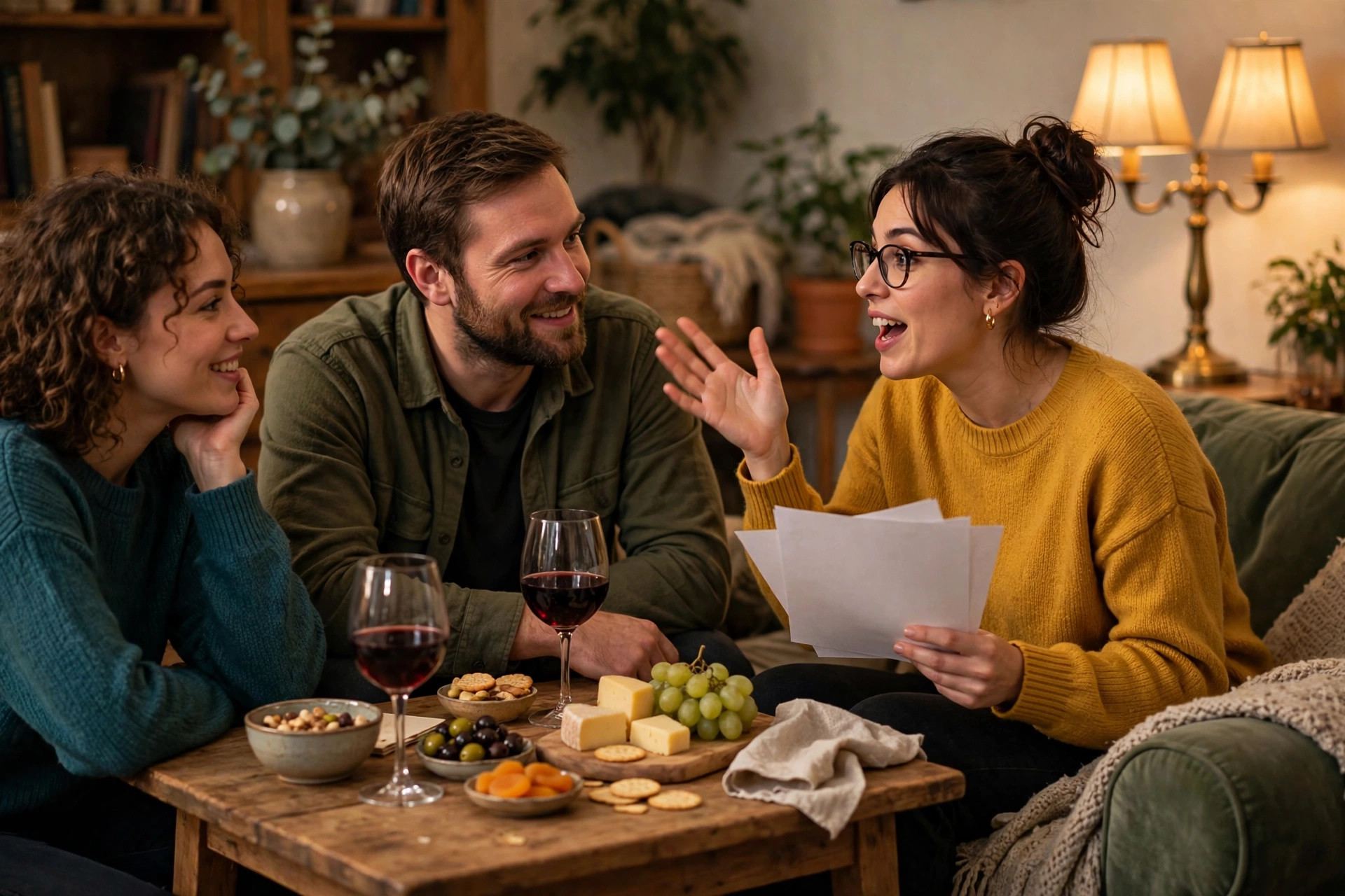 Friends doing a table read of script pages around a living room table