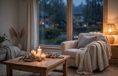 Candlelit Scandinavian living room with knit blanket and warm lamp glow — hygge lifestyle