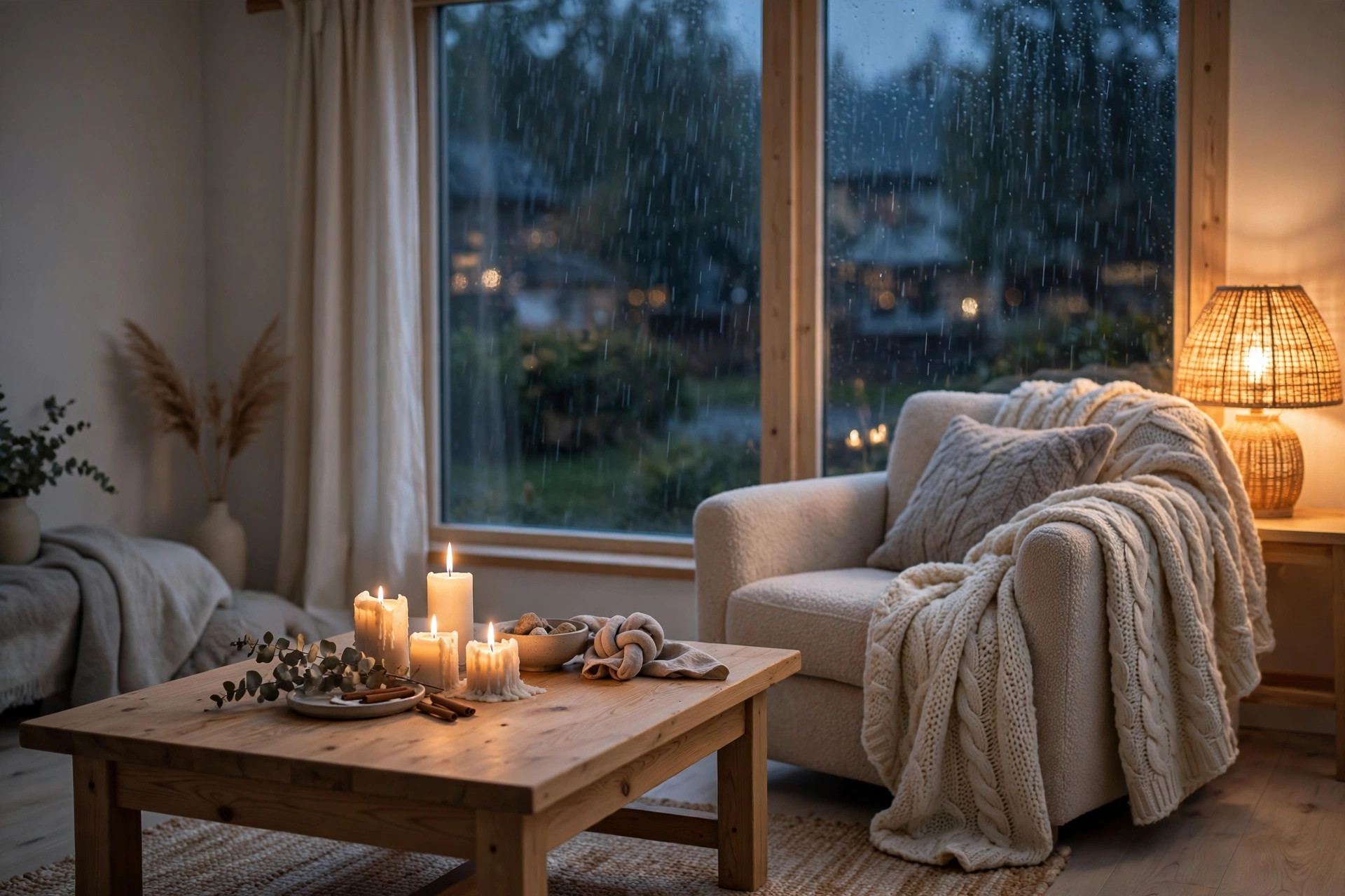 Candlelit Scandinavian living room with knit blanket and warm lamp glow — hygge lifestyle