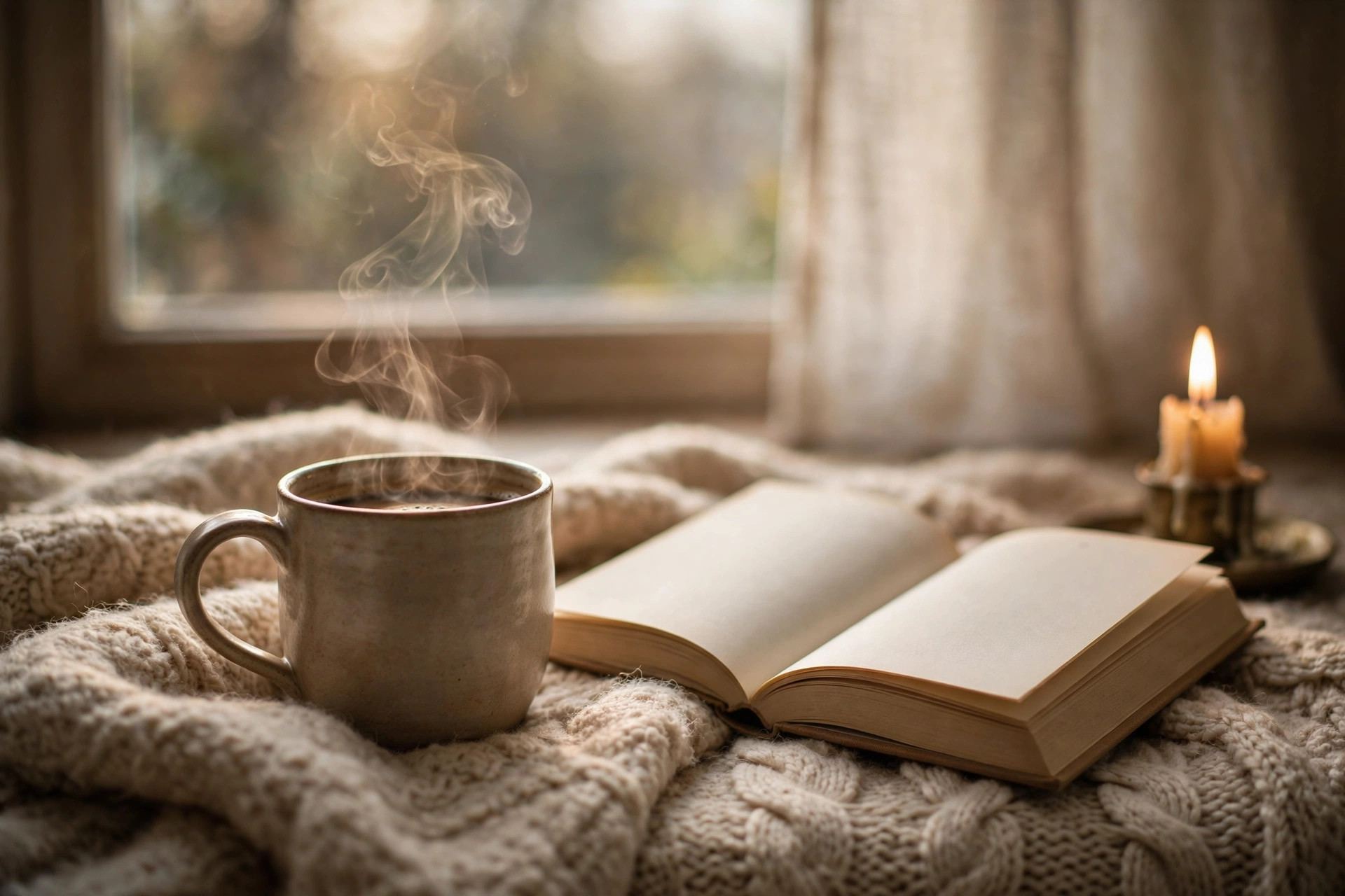Steaming coffee and an open book on a wool blanket by candlelight — hygge lifestyle rituals