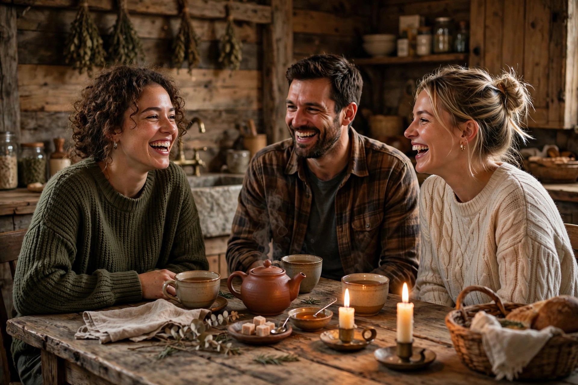 Friends sharing tea around a wooden table in candlelight — hygge lifestyle togetherness