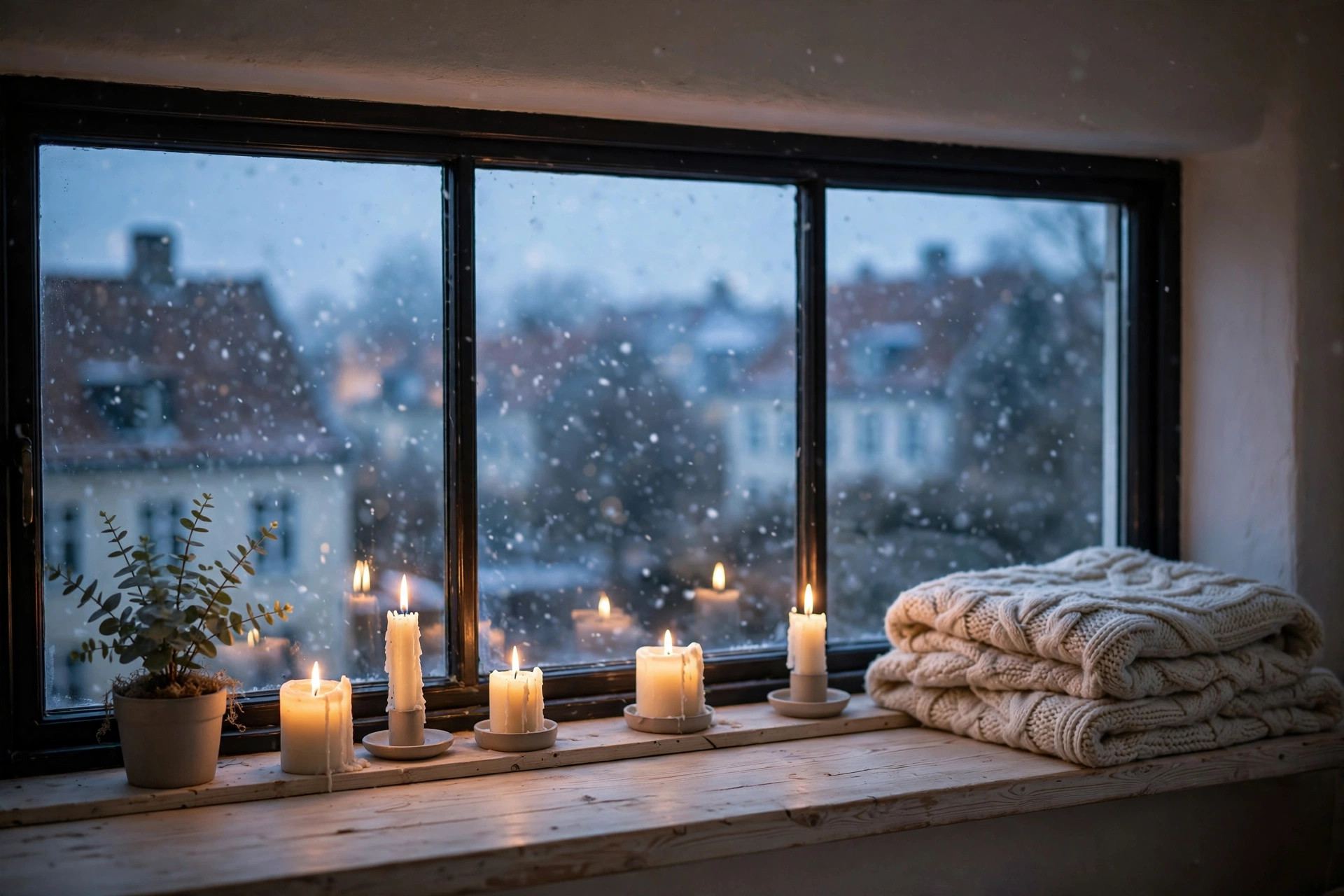 Lit candles on a windowsill with snow falling outside — hygge lifestyle at home
