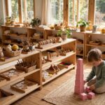 Montessori Method Explained: How It Really Works Sunlit Montessori classroom where a young child stacks pink tower blocks, showing the Montessori method in action
