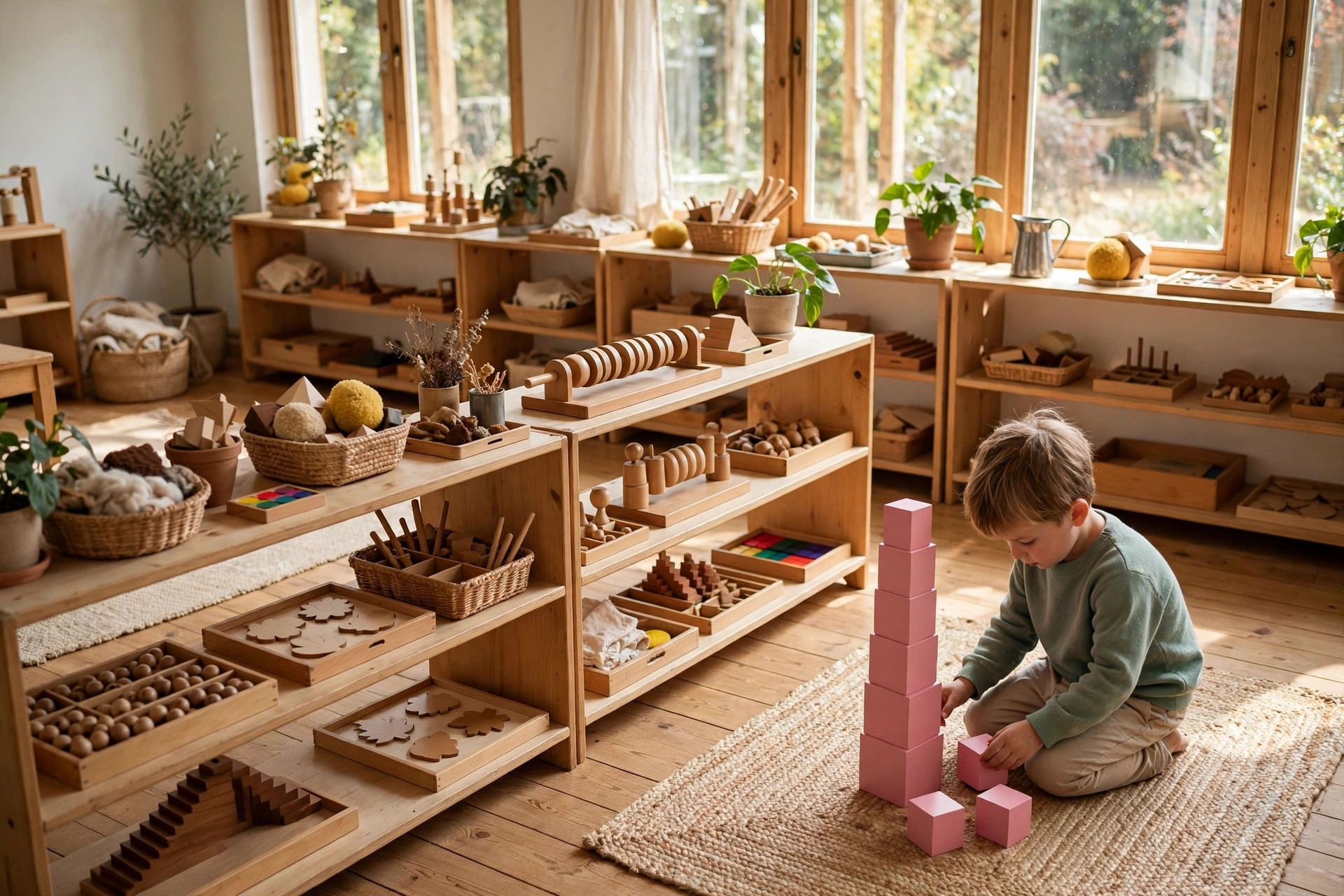 Montessori classroom with a child working with pink tower blocks