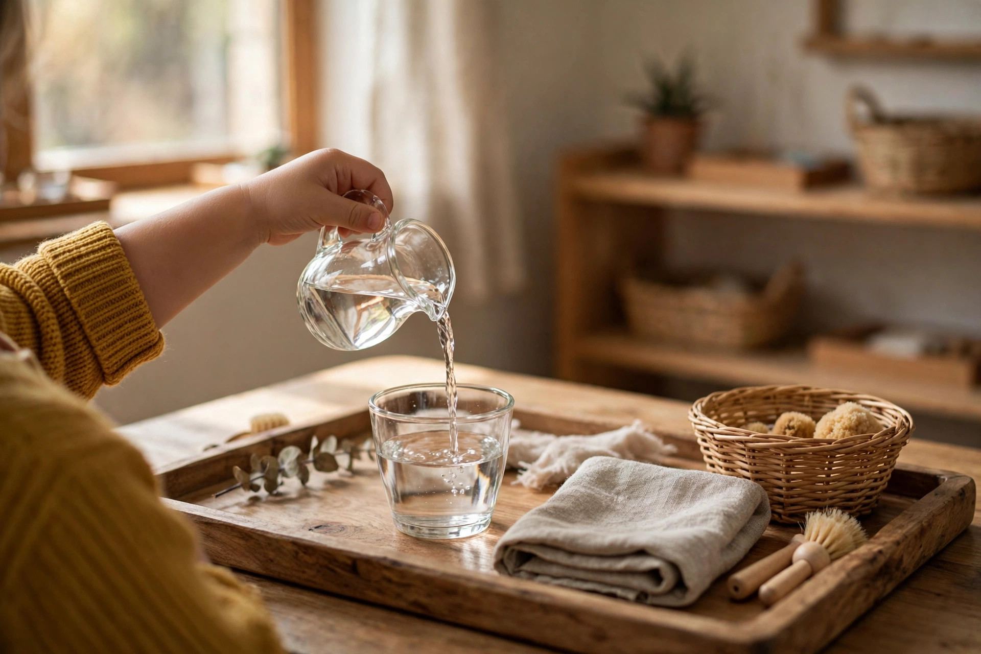 Small child pouring water from a glass pitcher in a Montessori practical-life area