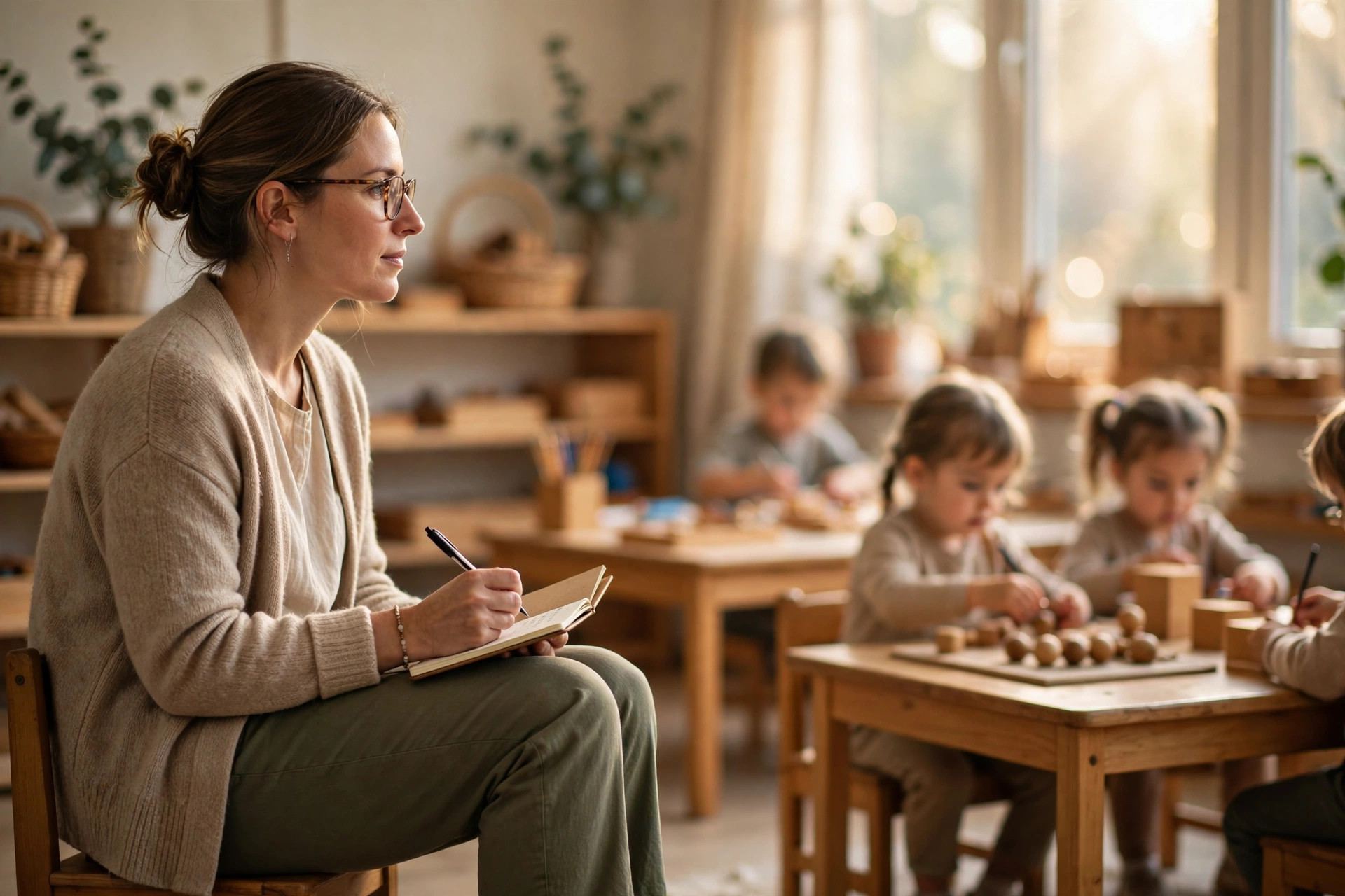 Montessori teacher quietly observing children working independently