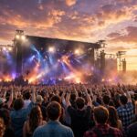 Music Festival Tips: Survive and Enjoy Every Set Crowd with raised hands at a music festival main stage glowing at sunset